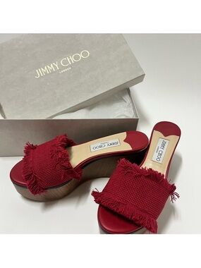 Jimmy Choo Red Fringed Platform Mules